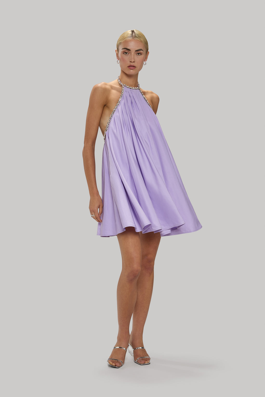 Jasmine Elaine spring 2025 halter neck  crystal stone embellished pleated cocktail dress