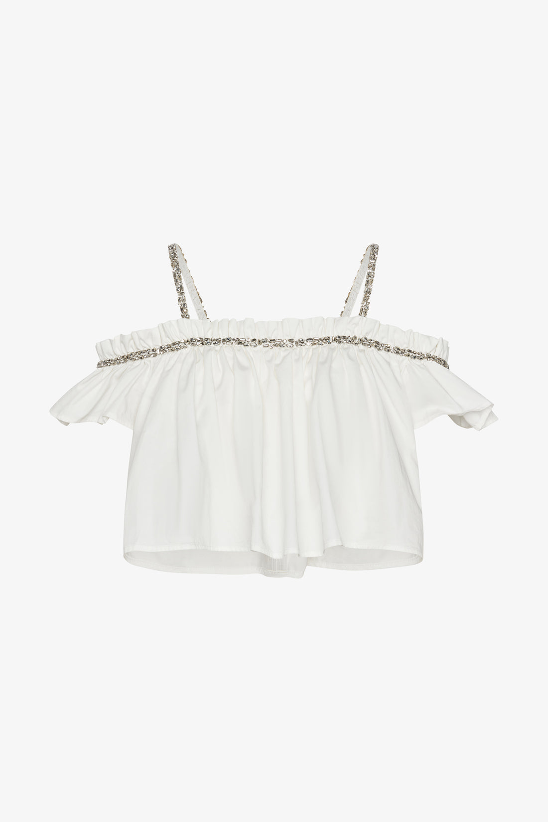 Off-shoulder top with sparkling embellishments for elegant occasions.