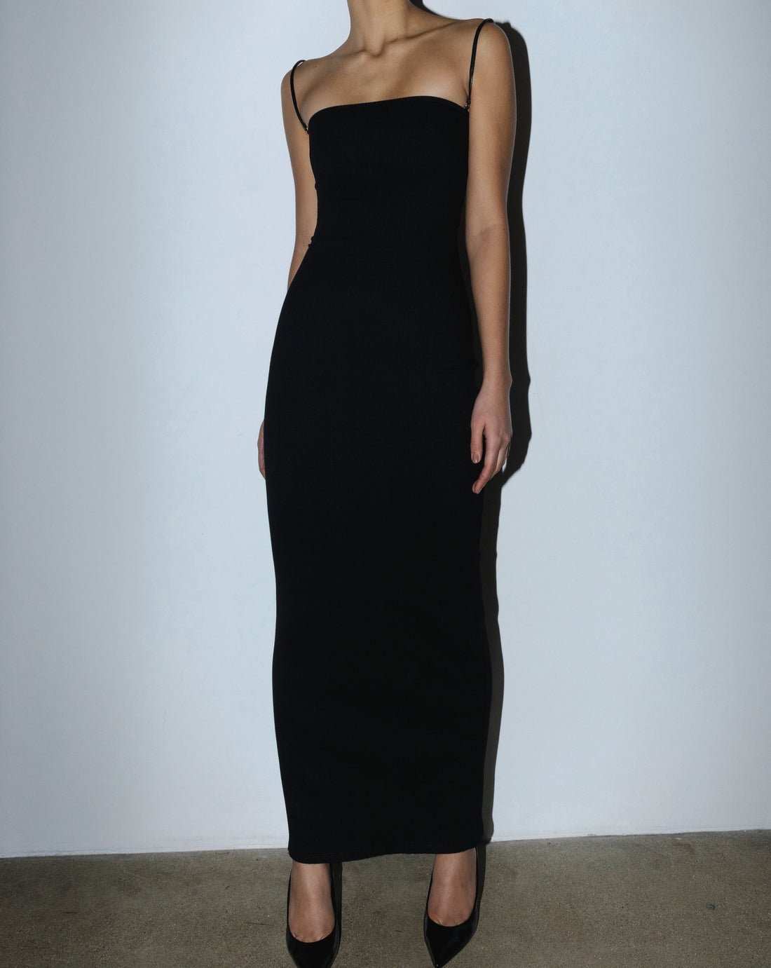 maxi body con slip dress with leather straps 